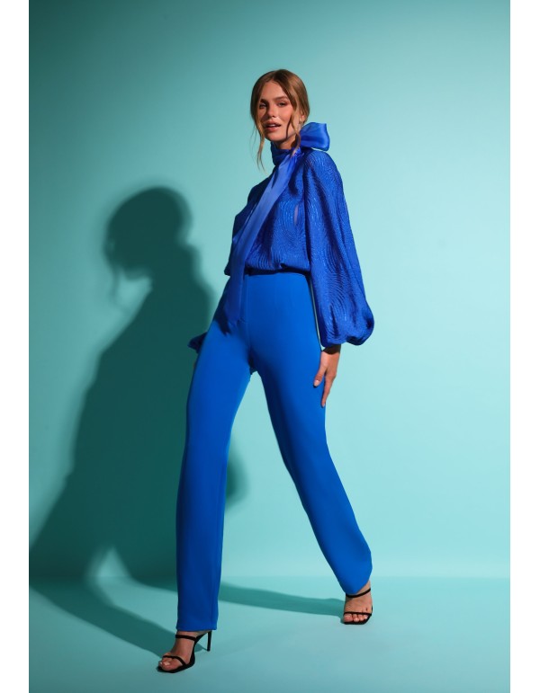 Pantalón largo de fiesta recto azul con tiro alto 2