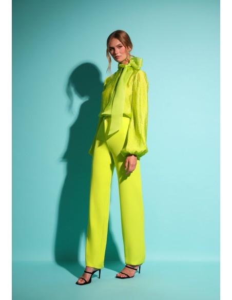 Pantalón largo de crepe limón con tiro alto