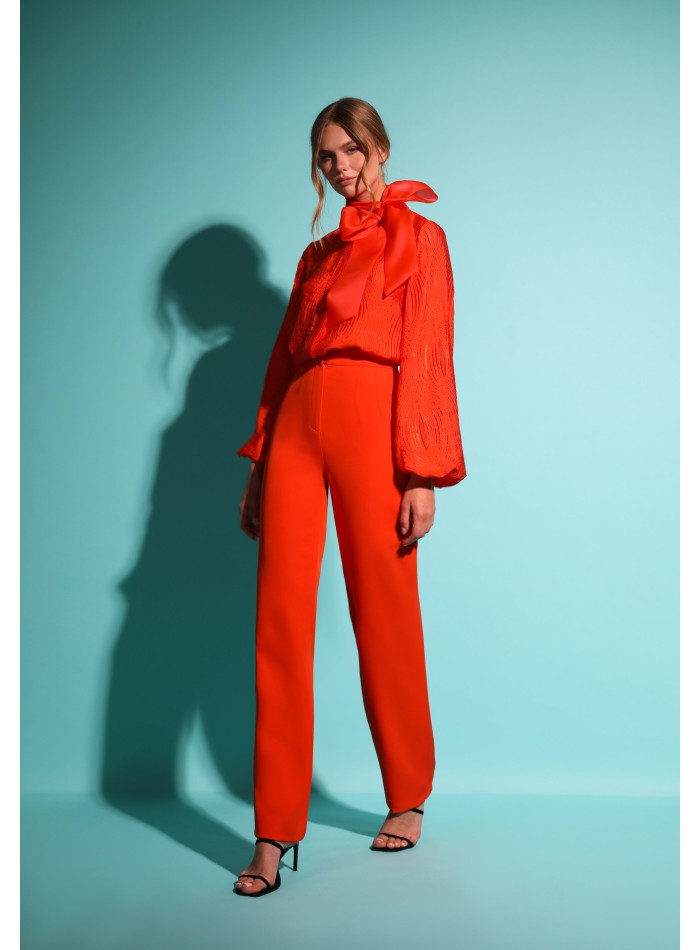 Long orange party pants with straight high rise
