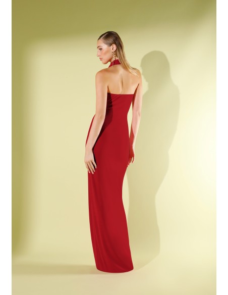 Long red knitted dress with draped cascade neckline