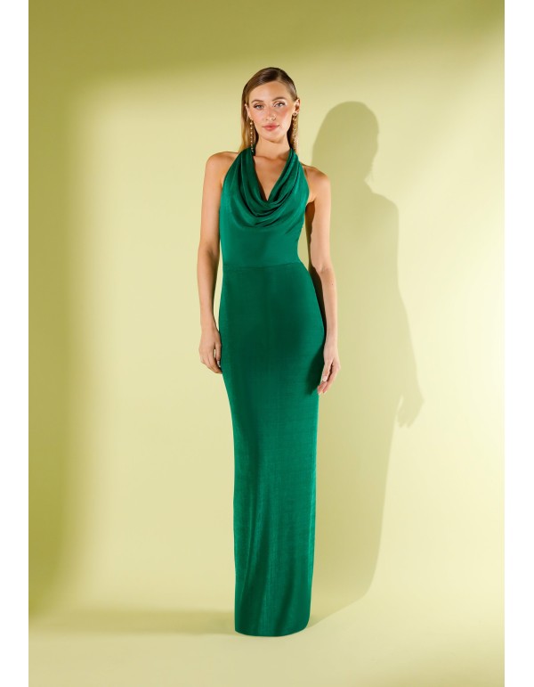 Longue robe de soirée verte avec encolure en cascade drapée 2