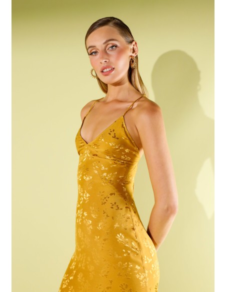 Mustard jacquard satin long dress with straps
