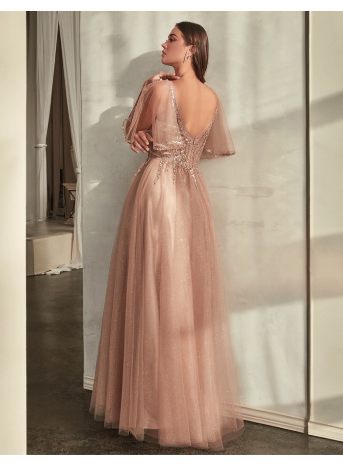 Vestido de fiesta con cuerpo de pedrería en tul...