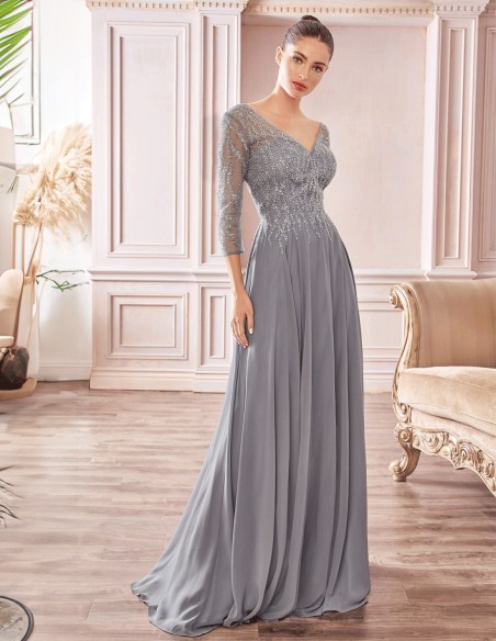 Evening dress with beaded sleeves and bodice