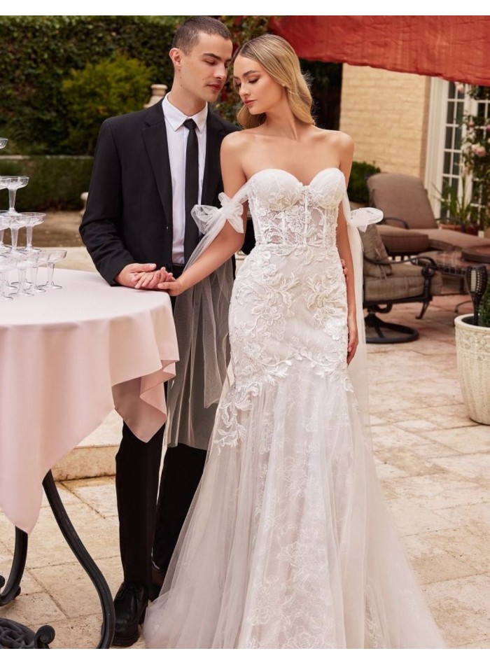 Vestido de novia de sirena con hombros...