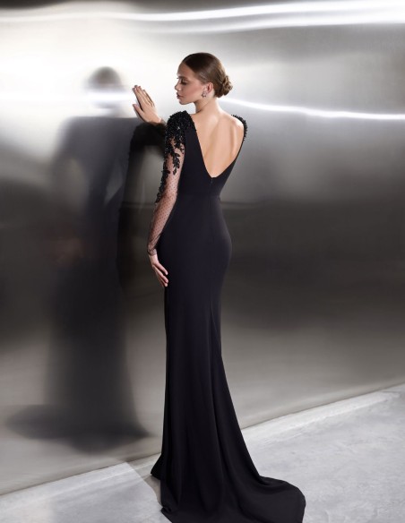 Long black party dress with embroidered tulle long sleeves