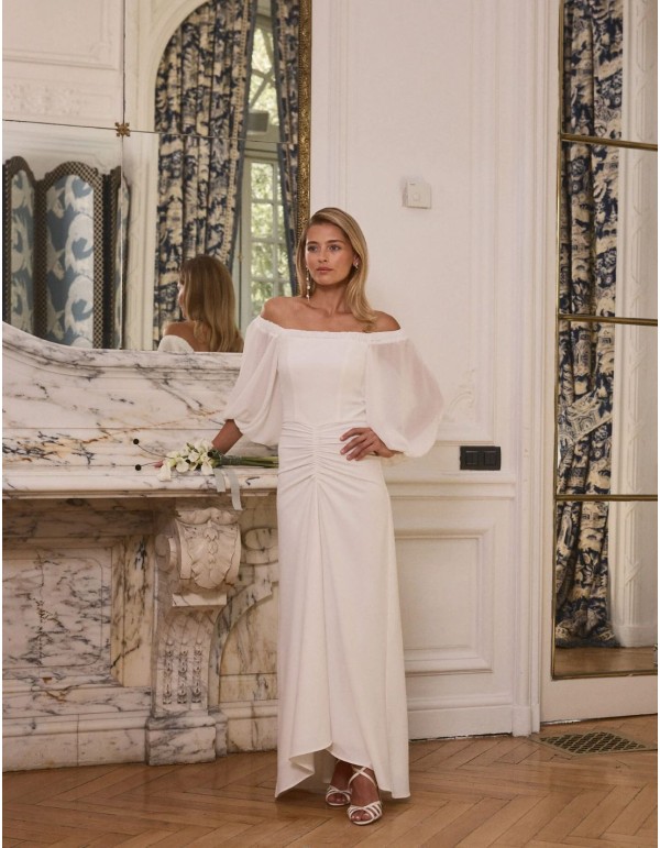 Gown wedding dress with bateau neckline and puffed sleeves