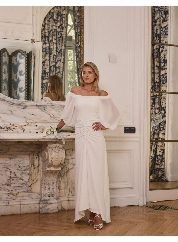 Gown wedding dress with bateau neckline and...