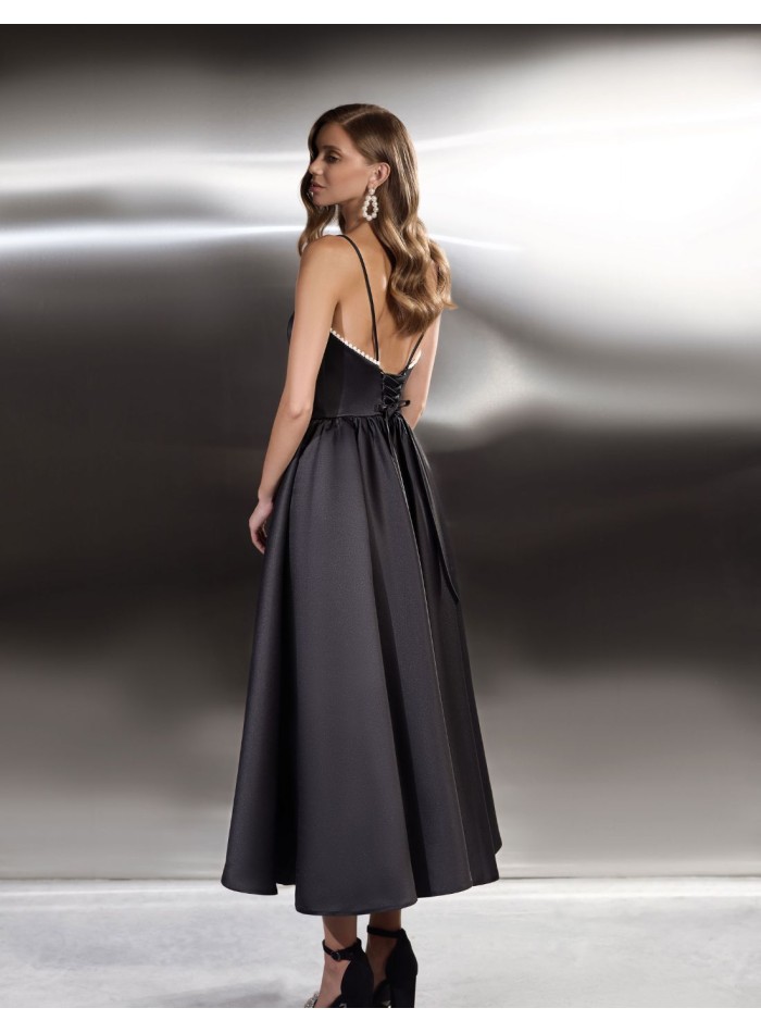 Long party dress with pearl neckline and straps