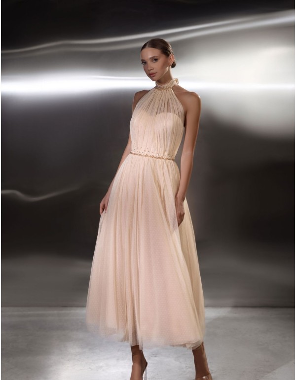 Vestido midi de fiesta en tul de plumeti plisado con...