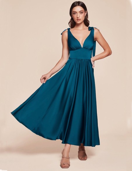 Robe de bal midi en satin avec jupe flottante pour votre invitée