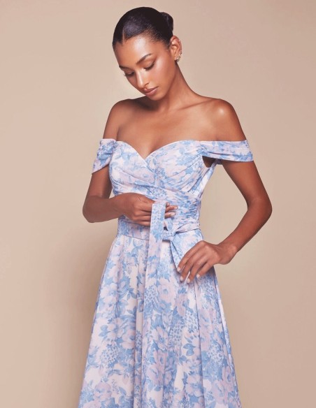 Long Gown with Bandeau Neckline and Floral Print