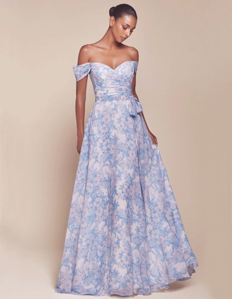 Robe Longue à Décolleté Bandeau et Imprimé Floral