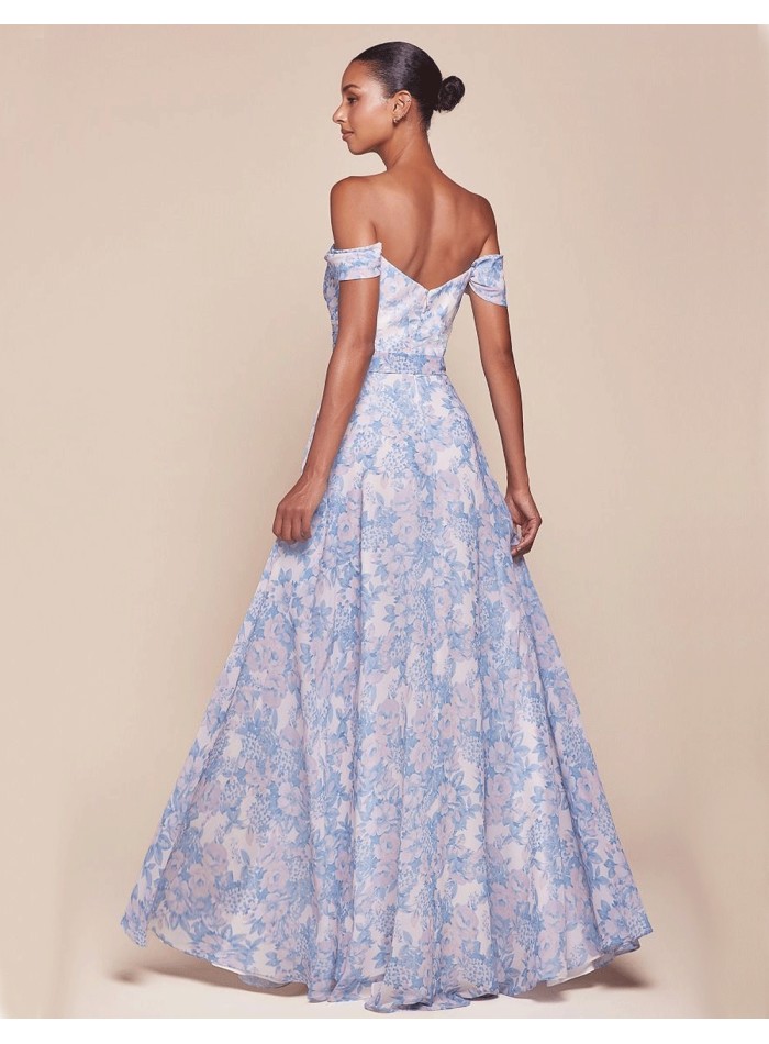 Long Gown with Bandeau Neckline and Floral Print