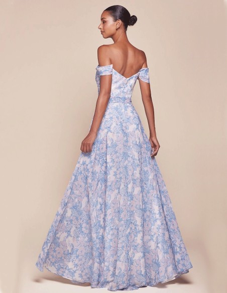 Long Gown with Bandeau Neckline and Floral Print