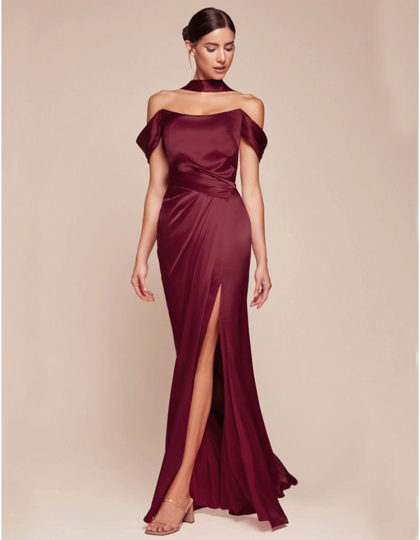 Off shoulder lace up corset satin long gown