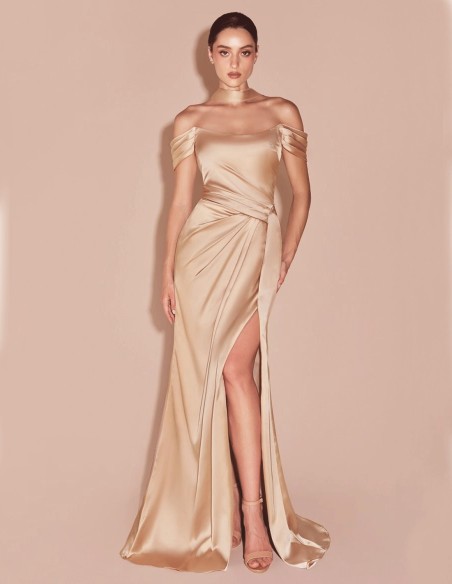 Off shoulder lace up corset satin long gown