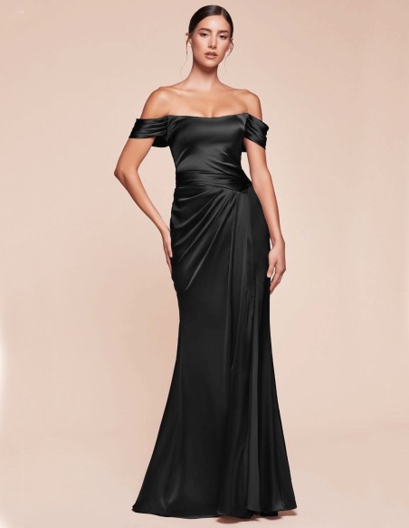 Vestido de fiesta largo para invitada con corpiño y manga bandeau caída