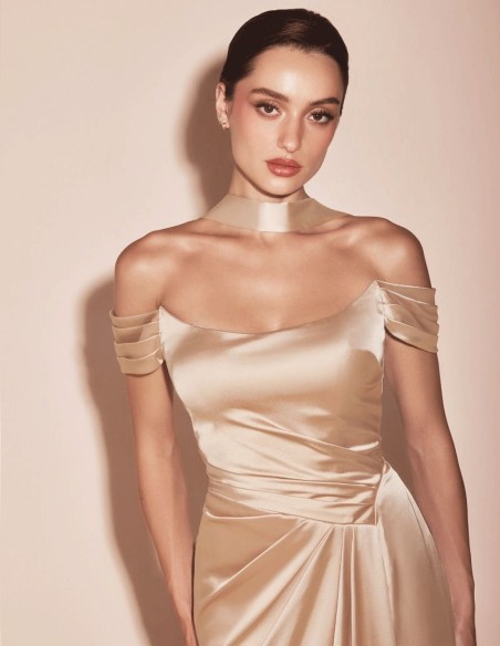 Off shoulder lace up corset satin long gown