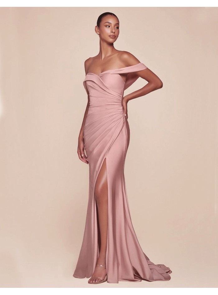 Maxi satin party dress with bandeau neckline...