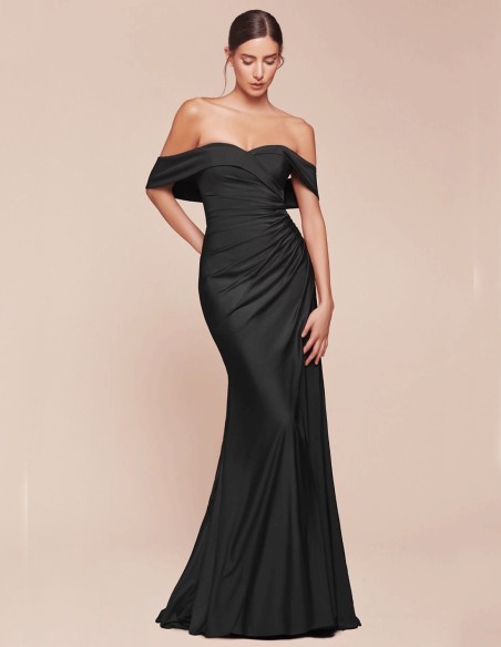 Maxi satin party dress with bandeau neckline for guest