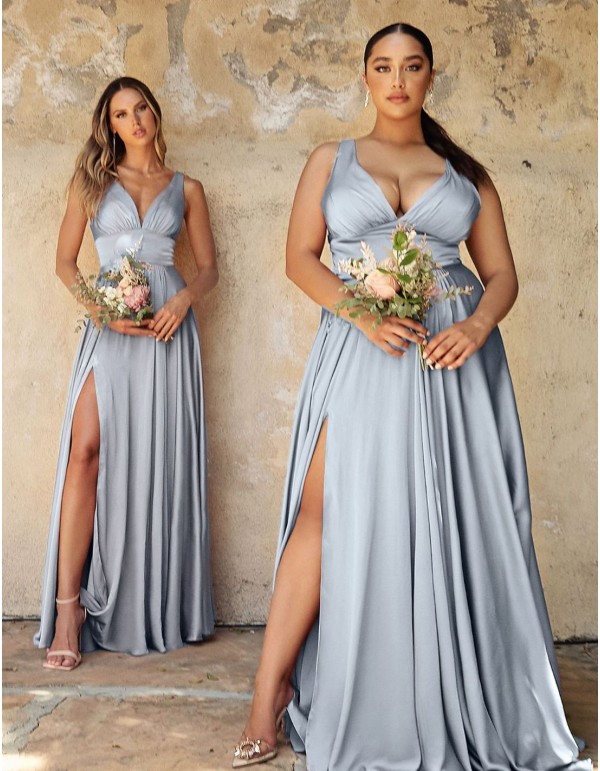 Gown satin dress with V-neckline and sash