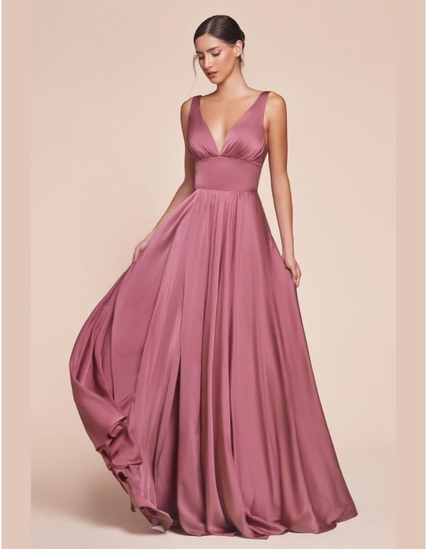 Gown satin dress with V-neckline and sash 2