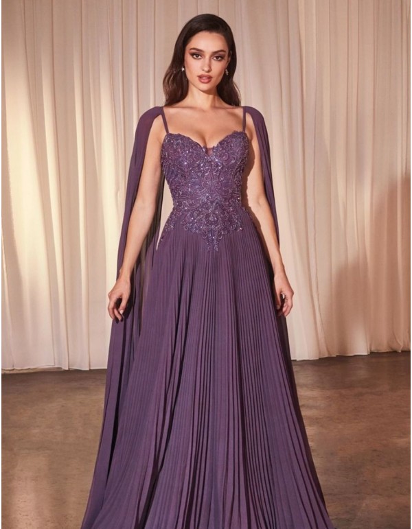 Long dress for guest with embroidered bodice and pleated...