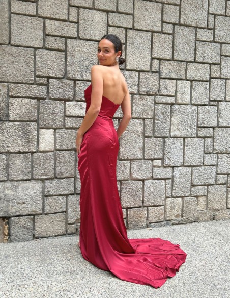 strapless satin ball gown with draped bodice and front opening