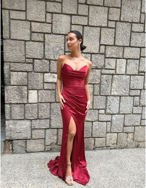 Vestido de fiesta de satén palabra de honor con cuerpo...