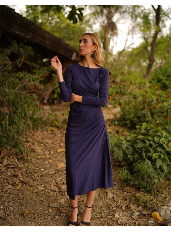 Navy midi silk knit dress