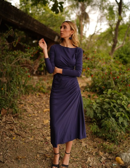 Robe midi en tricot de soie marine