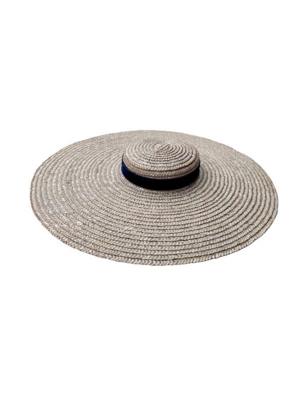 Pearl gray straw headpiece with navy blue velvet ribbon...