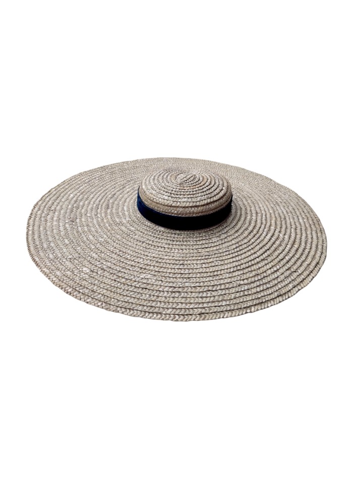 Pearl gray straw headpiece with navy blue...