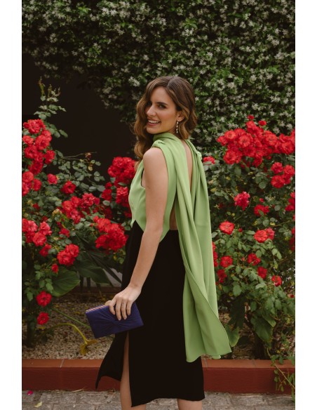 Bicolor midi party dress for guest with sling and V-neckline