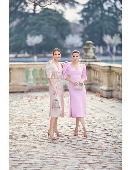 Midi dress for guest with cut-out and maxi bow