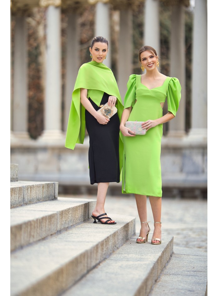 Vestido midi para invitada con maxi lazo y cut-out