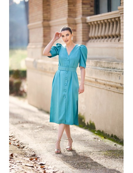 Vestido midi de raso con manga abullonada y cinturón
