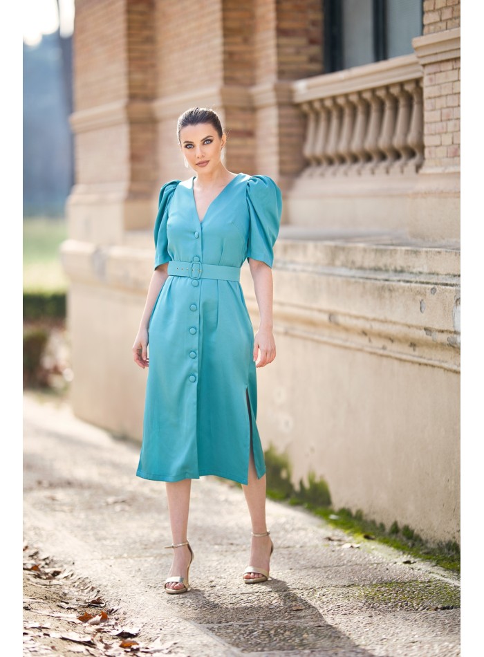 Robe midi en satin avec manches bouffantes et...