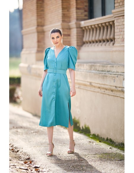 Satin midi dress with puffed sleeve and belt