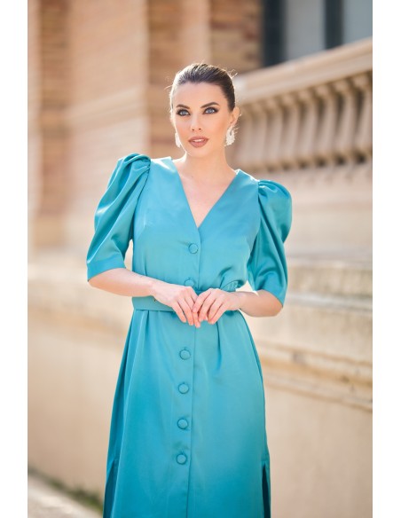 Robe midi en satin avec manches bouffantes et ceinture