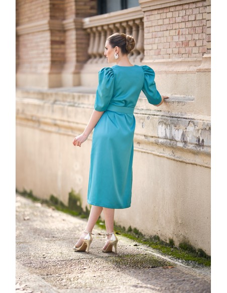 Satin midi dress with puffed sleeve and belt