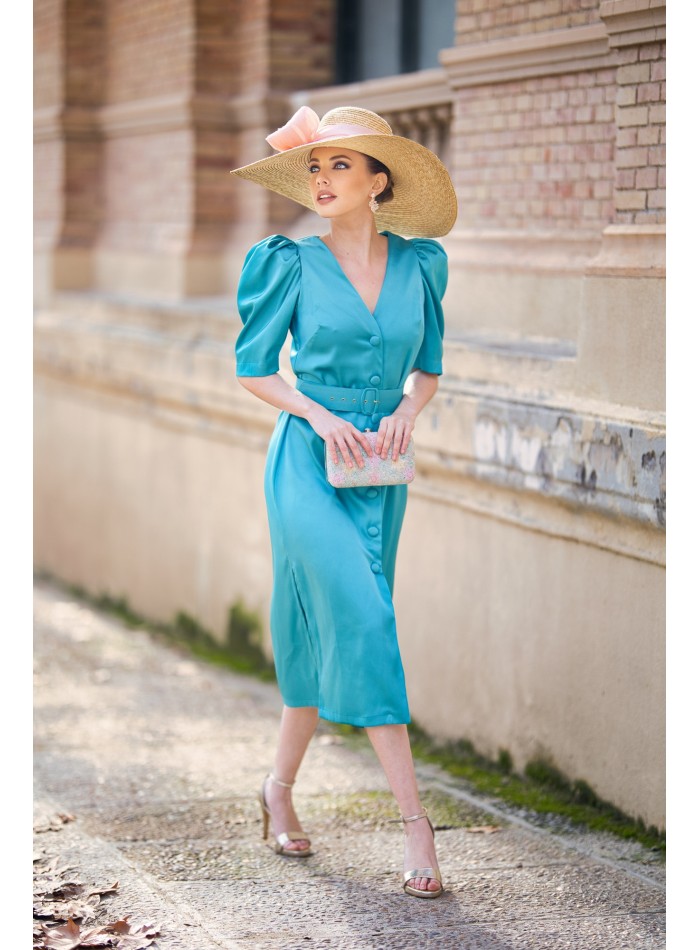 Robe midi en satin avec manches bouffantes et...