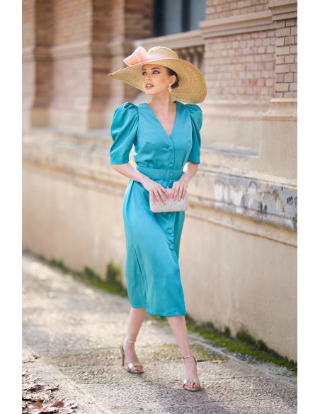 Vestido midi de raso con manga abullonada y cinturón