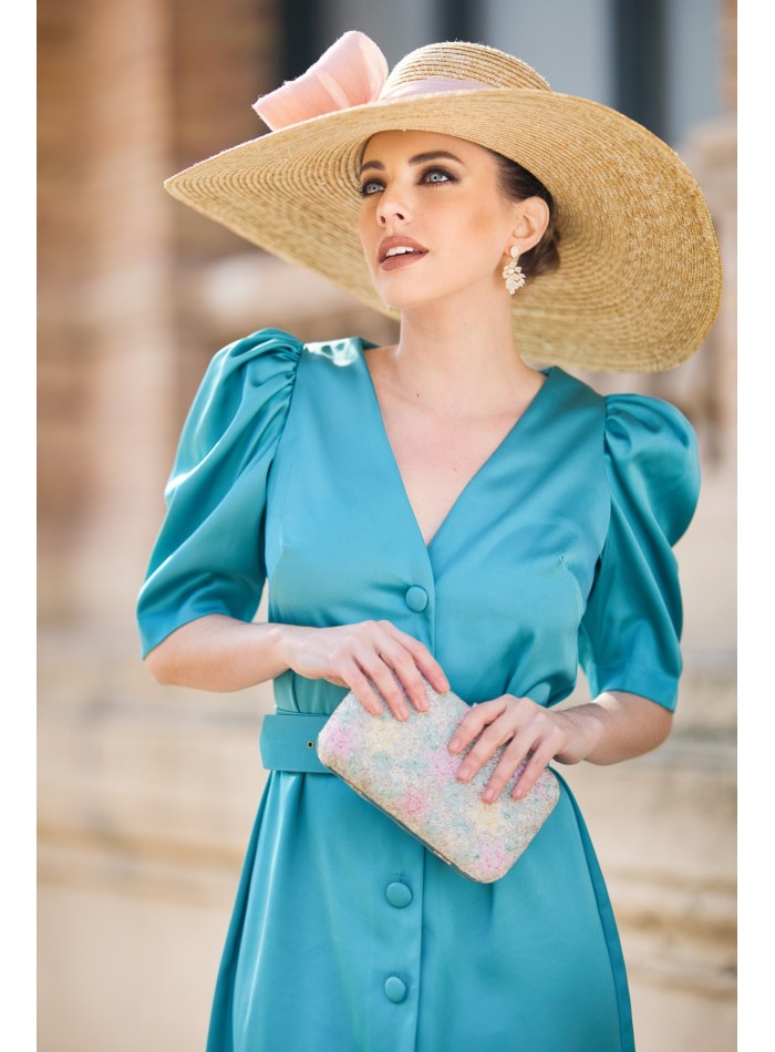 Satin midi dress with puffed sleeve and belt