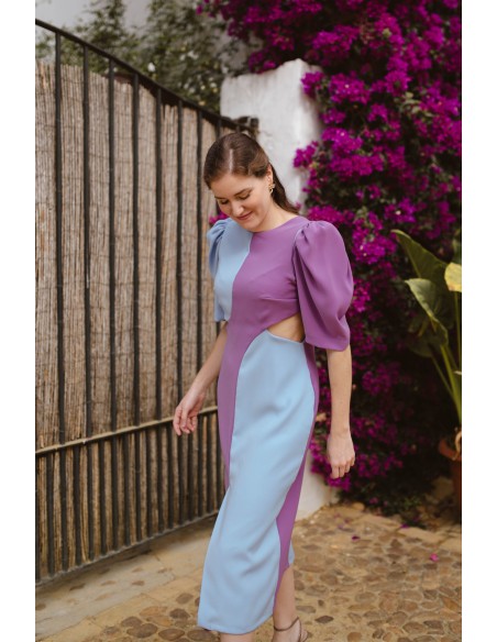 Vestido midi bicolor con cut-out y espalda descubierta