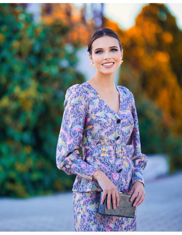 Blouse d'invité imprimée avec manches bouffantes et ceinture