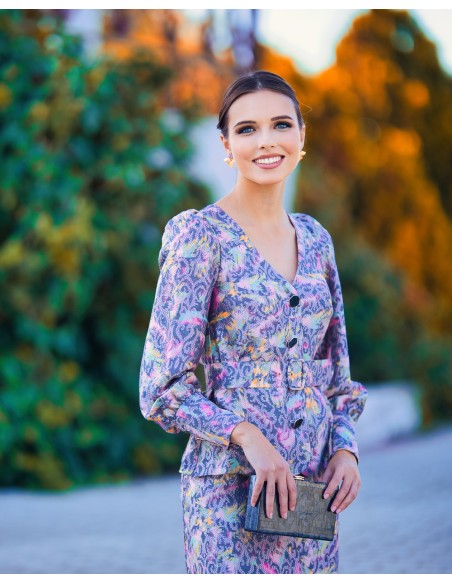 Blouse d'invité imprimée avec manches bouffantes et ceinture