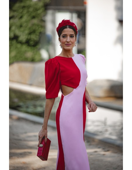Vestido midi bicolor para invitada con cut-out