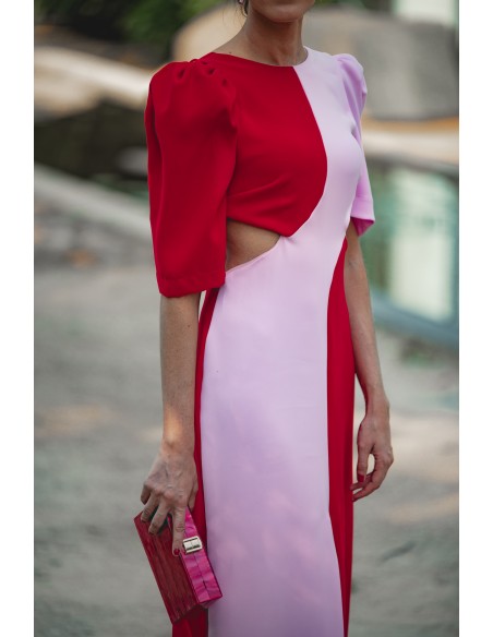 Vestido midi bicolor para invitada con cut-out